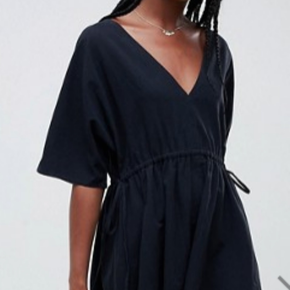 Black V-Neck Dress with Draw String Waist